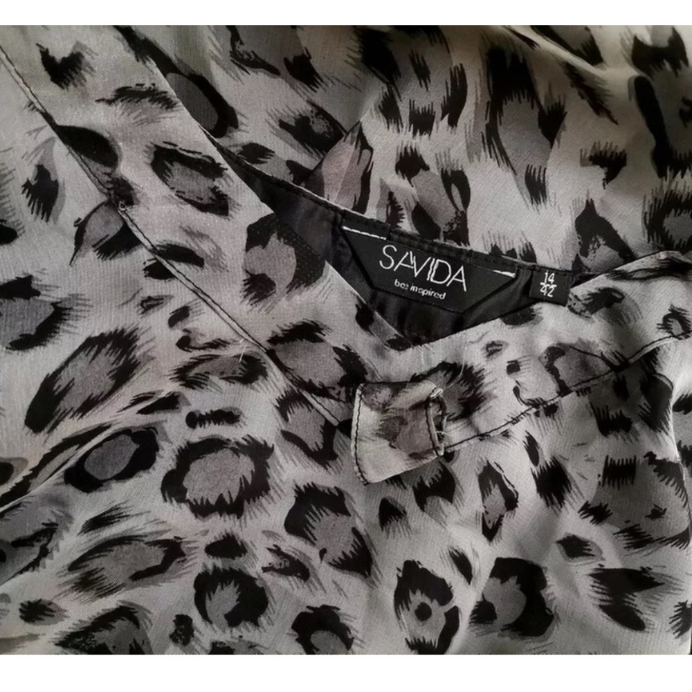 Savida Leopard Print Shift Dress-Accordion Crepe Tie@Neck-detail-Pockets-Sz 14 🩶 - Picture 4 of 9
